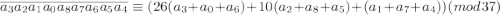 \overline{a_3a_2a_1a_0a_8a_7a_6a_5a_4}\equiv (26(a_3+a_0+a_6)+10(a_2+a_8+a_5)+(a_1+a_7+a_4))\:(mod\:37)\\