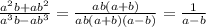 \frac{a^{2}b+ab^{2}}{a^{3}b-ab^{3}}= \frac{ab(a+b)}{ab(a+b)(a-b)}= \frac{1}{a-b}