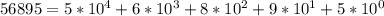 56895 = 5*10^{4}+ 6* 10^{3} + 8* 10^{2} + 9* 10^{1} + 5* 10^{0}