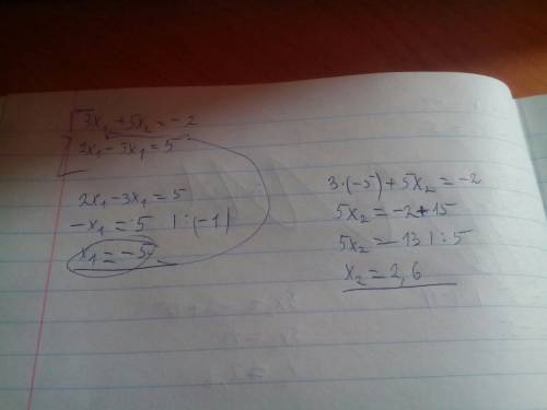 Решить систему: 3x1+5x2=-2 2x1-3x1=5 (x1 это x один, а не x в первой степени, ровно как и другие пер