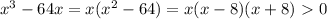 x^3-64x = x(x^2-64) = x(x-8)(x+8) \ \textgreater \ 0