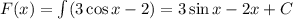 F(x)=\int(3\cos x-2)=3\sin x-2x+C