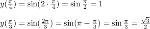 y( \frac{\pi}{4} )=\sin(2\cdot \frac{\pi}{4} )=\sin \frac{\pi}{2}=1\\ \\ y( \frac{\pi}{3})=\sin( \frac{2 \pi }{3})=\sin( \pi - \frac{\pi}{3})=\sin \frac{\pi}{3}= \frac{\sqrt{3}}{2}