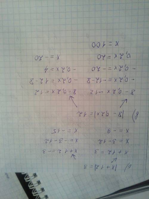 Решите уравнение: 1) |x| + 5 = 2 2) |x+12|=3 3) |8 - 0,2x|=12