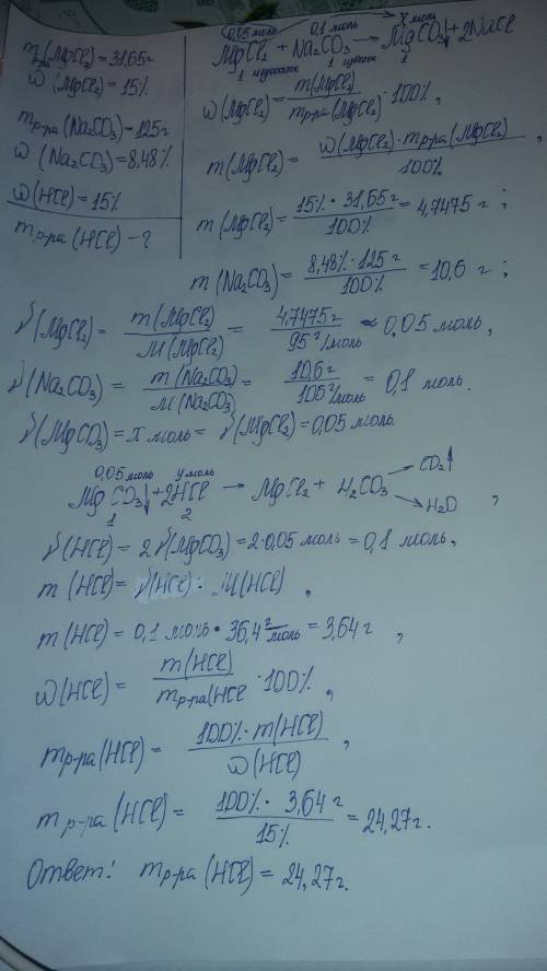 К31.65г 15%-ного раствора хлорида магния добавили 125г 8.48%-ного раствора соды(na2co3). образовавши