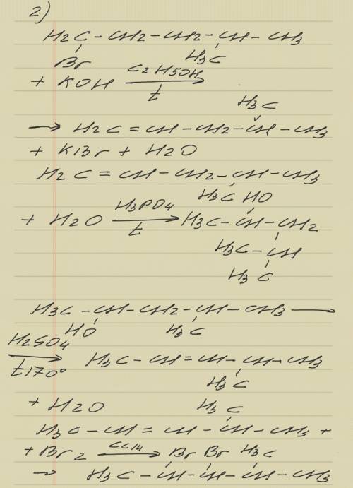 15 1)1,2-дибромбутан+zn=x1 x1+hbr=x2 x2+koh=x3 x3+br3=x4 x4+koh=x5 2)1-бром-4-метилпентан+koh=x1 x1+