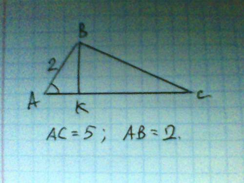 Дан треугольник со сторонами 2 и 5. косинус угла между ними 0,6. найти площадь и высоту.
