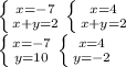 \left \{ {{x=-7} \atop {x+y = 2}} \right. \left \{ {{x=4} \atop {x+y = 2}} \right. \\&#10; \left \{ {{x=-7} \atop {y = 10}} \right. \left \{ {{x=4} \atop {y=-2}} \right. \\