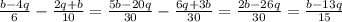 \frac{b-4q}{6}-\frac{2q+b}{10}=\frac{5b-20q}{30}-\frac{6q+3b}{30}=\frac{2b-26q}{30}=\frac{b-13q}{15}