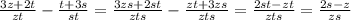 \frac{3z+2t}{zt}-\frac{t+3s}{st}=\frac{3zs+2st}{zts}-\frac{zt+3zs}{zts}=\frac{2st-zt}{zts}=\frac{2s-z}{zs}