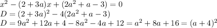 x^2 - (2 + 3a)x + (2a^2 + a - 3) = 0\\D = (2 + 3a)^2 - 4(2a^2+a-3)\\D = 9a^2 + 12a + 4 - 8a^2 - 4a + 12 = a^2 + 8a + 16 = (a + 4)^2