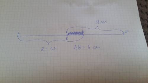 На отрезке км длинной 34 см.,отметили точки а и в так,что ка=21см.,вм=18см.чему равна длина отрезка