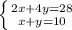 \left \{ {{2x+4y=28} \atop {x+y=10}} \right.