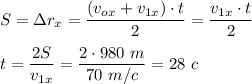 S=\Delta r_x=\dfrac{(v_{ox}+v_{1x})\cdot t}{2}=\dfrac{v_{1x}\cdot t}{2}\\ \\ t=\dfrac{2S}{v_{1x}}=\dfrac{2\cdot 980~m}{70~m/c}=28~c