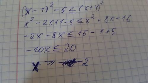 Решить линейное неравенство (х-1)^2-5 < = (х+4)^2