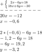 +\left \{ {{2x - 6y = 18} \atop {18x+6y=-30}} \right. \\---------\\20x=-12\\x=-0,6\\\\2*(-0,6)-6y=18\\-1,2-6y=18\\-6y=19,2\\y=-3,2