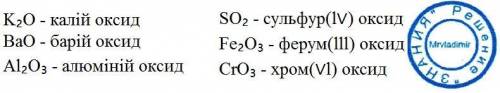 Складіть формули оксидів таких елементів k ba al s(l∨) fe(lll) cr(∨l) і дайте їм назви і