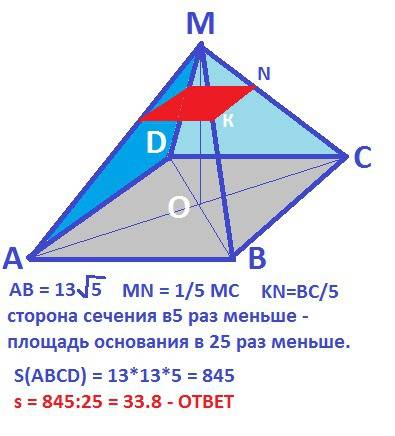Вправильной четырёхугольной пирамиде со стороной основания длинной 13 корень из 5 проведена плоскост