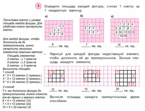 Определи площадь каждой фигуры, считая клетку за 1 квадратную единицу. нарисуй для каждой фигуры нед