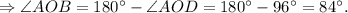 \Rightarrow \angle AOB = 180^{\circ} - \angle AOD = 180^{\circ} - 96^{\circ} = 84^{\circ}.