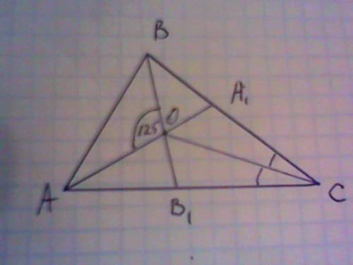 Биссектрисы aa1 и bb1 треугольника abc пересекаются в точке o. найдите угол aco, если угол aob=125