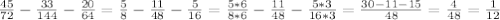 \frac{45}{72} - \frac{33}{144} - \frac{20}{64} = \frac{5}{8} - \frac{11}{48}- \frac{5}{16} = \frac{5*6}{8*6} - \frac{11}{48}- \frac{5*3}{16*3} = \frac{30-11-15}{48} = \frac{4}{48} = \frac{1}{12}