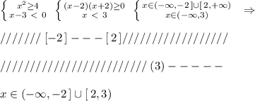 \left \{ {{x^2 \geq 4} \atop {x-3\ \textless \ 0}} \right. \; \left \{ {{(x-2)(x+2) \geq 0} \atop {x\ \textless \ 3}} \right. \; \left \{ {{x\in (-\infty ,-2\, ]\cup [\, 2,+\infty )} \atop {x\in (-\infty ,3)}} \right. \; \; \Rightarrow \\\\///////\; [-2\, ]---[\, 2\, ]//////////////////\\\\/////////////////////////\; (3)-----\\\\x\in (-\infty ,-2\, ]\cup [\, 2,3)