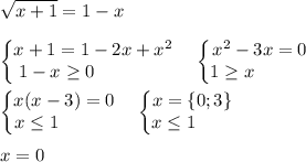 \displaystyle \sqrt{x+1} =1-x\\ \\ \begin{Bmatrix}x+1=1-2x+x^2 \\ 1-x\ge 0\qquad \qquad \end{matrix} \quad \begin{Bmatrix}x^2 -3x=0\\ 1\ge x\qquad \quad \end{matrix} \\ \\ \begin{Bmatrix}x(x-3)=0\\ x\le 1\qquad \quad \end{matrix} \quad \begin{Bmatrix}x=\{0;3\} \\ x\le 1 \quad \quad \end{matrix} \\ \\ x=0