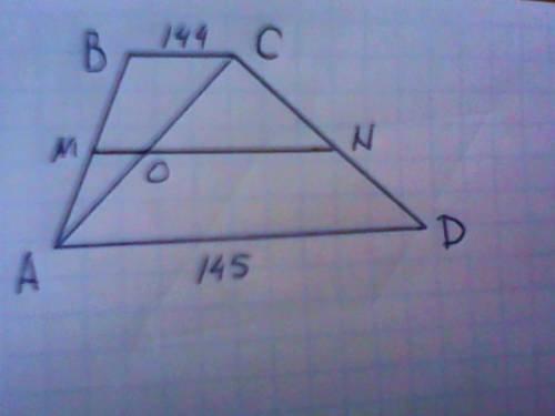 Основания трапеции равны 144 и 145. найдите больший из отрезков,на которые делит среднюю линию этой