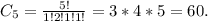 C_5 = \frac{5!}{1!2!1!1!} = 3 * 4 * 5 = 60.