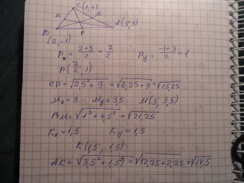 Задано координати вершин трикутника а ( 5; 3) ; в (2; -1) ; с ( 1; 4). знайти довжини медіан трикутн