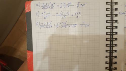 Сократите дробь: а) 25c^5d^4/30c^4d б)t^2+t/t^2 b)c+3d/c^2-9d^2