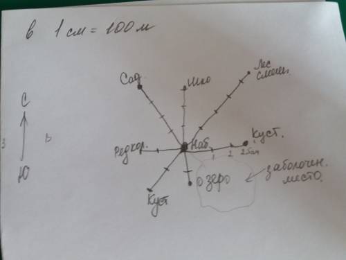 План местности. м: в 1 см-100 м. в центре местности на лугу стоит наблюдатель. он видит: - на севере