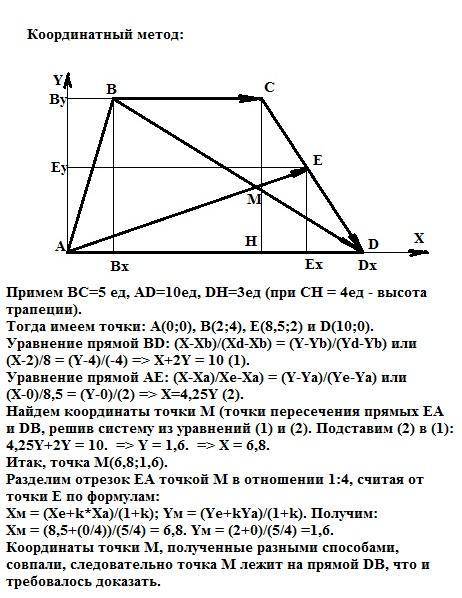 Втрапеции авсд, вс: ад=1: 2. е - середина боковой стороны св, точка м лежит на ае, так что ам: ме=4: