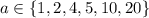 a\in \{1, 2, 4, 5, 10, 20 \}