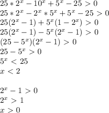 25*2^x -10^x +5^x -25\ \textgreater \ 0 \\ &#10;25*2^x -2^x*5^x +5^x -25\ \textgreater \ 0 \\ &#10;25(2^x-1)+5^x(1-2^x)\ \textgreater \ 0 \\ &#10;25(2^x-1)-5^x(2^x-1)\ \textgreater \ 0 \\ &#10;(25-5^x)(2^x-1)\ \textgreater \ 0 \\ 25-5^x\ \textgreater \ 0 \\ 5^x\ \textless \ 25 \\ x\ \textless \ 2 \\ \\ &#10;2^x-1\ \textgreater \ 0 \\ 2^x\ \textgreater \ 1 \\ x\ \textgreater \ 0&#10;