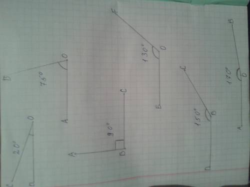 Пользуясь транспартиром,постройте углы,градусная мера которых равна: 20° 75° 90° 130, 150° 170°.