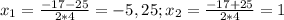 x_1= \frac{-17-25}{2*4} =-5,25; x_2= \frac{-17+25}{2*4} =1