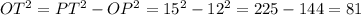 OT^2=PT^2-OP^2=15^2-12^2=225-144=81