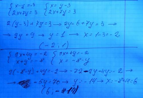 Решите системы линейных уравнений подстановки 1) х-у=-3 2х+7у=3 2) 9х+4у=-2 х+у=-8