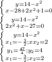 \left \{ {{y=14-x^2} \atop {x-28+2x^2+1=0}} \right. \\ \left \{ {{y=14-x^2} \atop {2x^2+x-27=0}} \right. \\ \left \{ {{y=14-x^2} \atop {x_{1} =- \frac{3}{2} };x x_{2}=2 } \right. \\ \left \{ {{y_{1} = \frac{47}{4};y_{2}=4 } \atop { x_{1} =- \frac{3}{2} };x_{2}=2} \right.