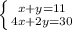 \left \{ {{x+y=11} \atop {4x+2y=30}} \right.