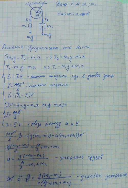 Через блок представляющий собой сплошной диск радиусом r перекинута нить. на нити подвешены грузы ма