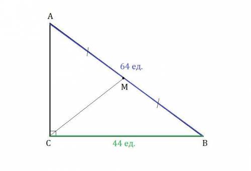 Втреугольнике abc угол c равен 90°,m-середина стороны ab,ab=64,bc=44. найдете cm.заранее .​