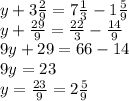 y+3 \frac{2}{9} =7 \frac{1}{3} -1 \frac{5}{9} \\ y+ \frac{29}{9} = \frac{22}{3} - \frac{14}{9} \\ &#10;9y+29=66-14 \\ 9y=23 \\ y= \frac{23}{9} =2 \frac{5}{9}