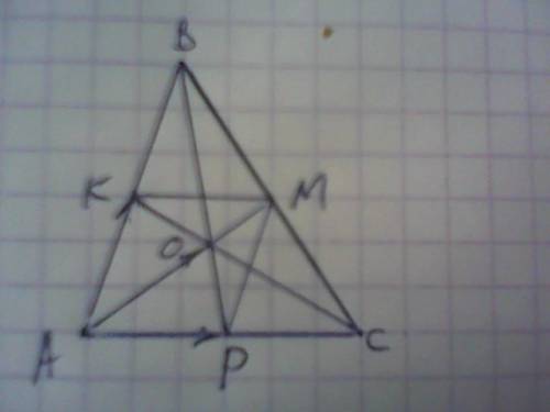 Втреугольнике abc o- точка пересечения медиан. выразите вектор ao через векторы a=ab и b=ac с рисунк