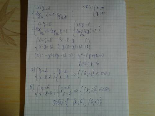 Решите систему х+у=8 log12x=1-log12y с одз