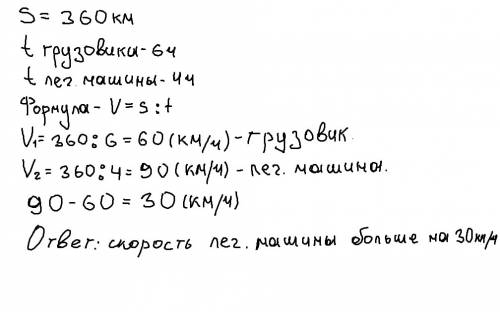 Расстояние 360 км грузовик проехал за 6ч, а легковвя машина-за 4ч.на сколько скорость легковой машин
