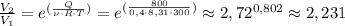 \frac{V_2}{V_1}=e^{( \frac{Q}{\nu\cdot R\cdot T} )}=e^{( \frac{800}{0,4\cdot 8,31 \cdot 300})}\approx 2,72^{0,802}\approx 2,231