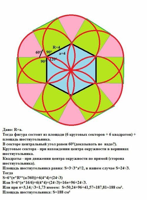 Круг радиуса 4 см перемещается по столу так что его центр обходит контур правильного шестиугольника